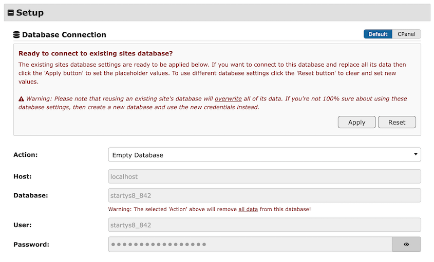 Duplicator database connection