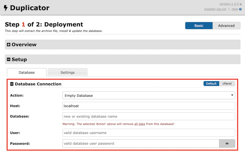 Duplicator Lite database connection