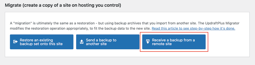 Receive a backup from another site with UpdraftPlus