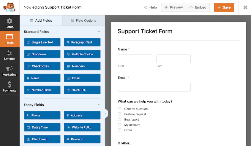 WPForms support ticket form