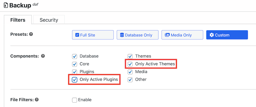 Exclude inactive plugins and themes from backup