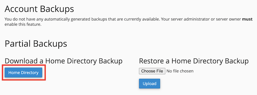 cPanel back up root directory