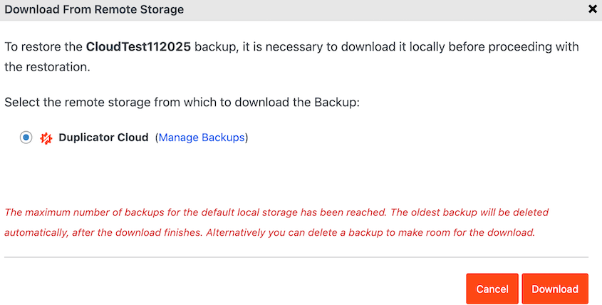 Download Duplicator Cloud backup
