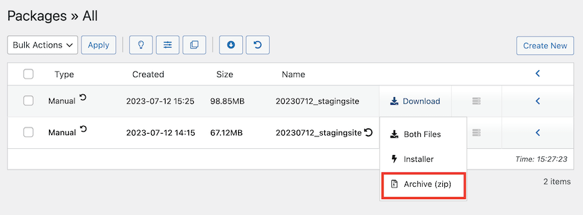 Download subsite package