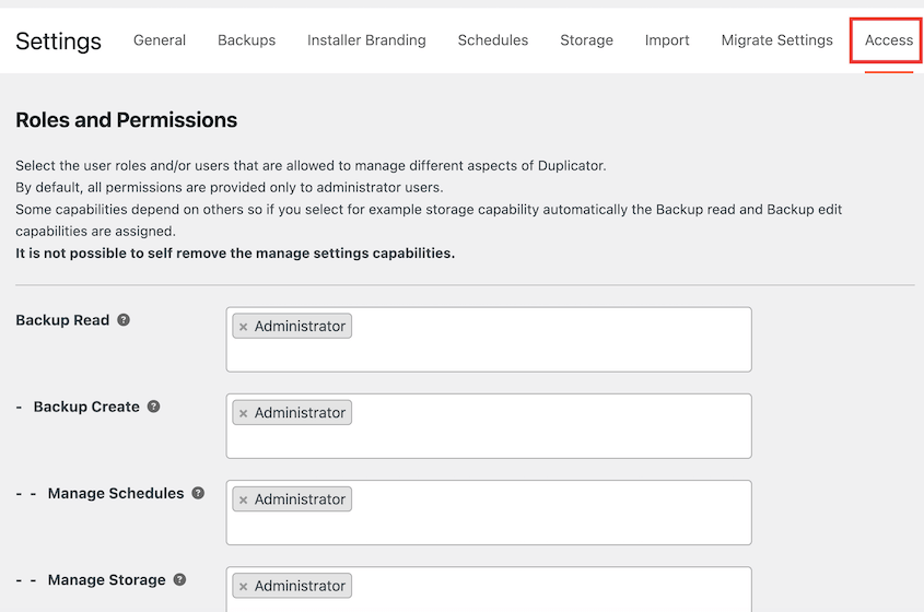 Duplicator access settings