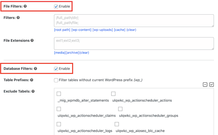 Duplicator file and database filters