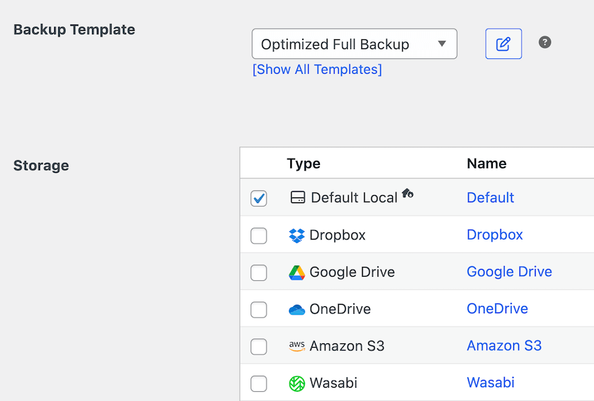 Backup schedule template and storage