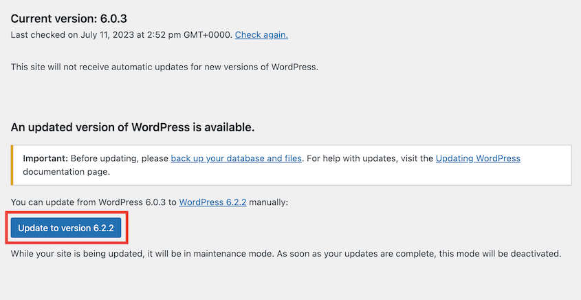 Update WordPress version