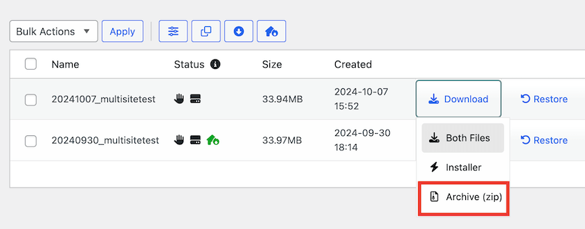 Download subsite backup