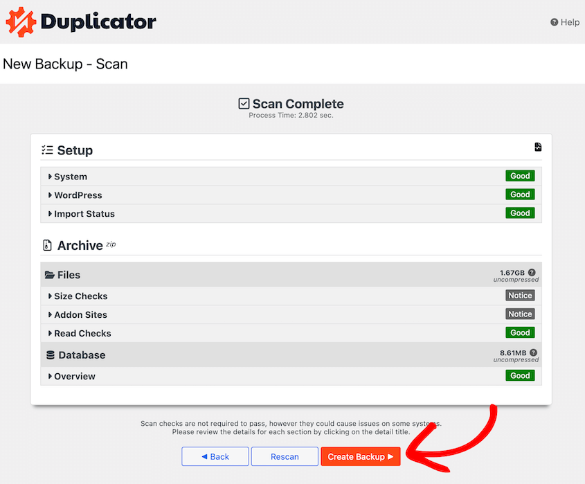 Duplicator backup scan