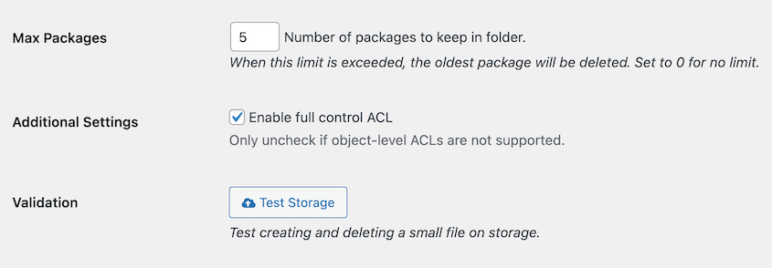 Duplicator cloud storage settings