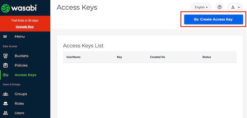 Create Wasabi access keys