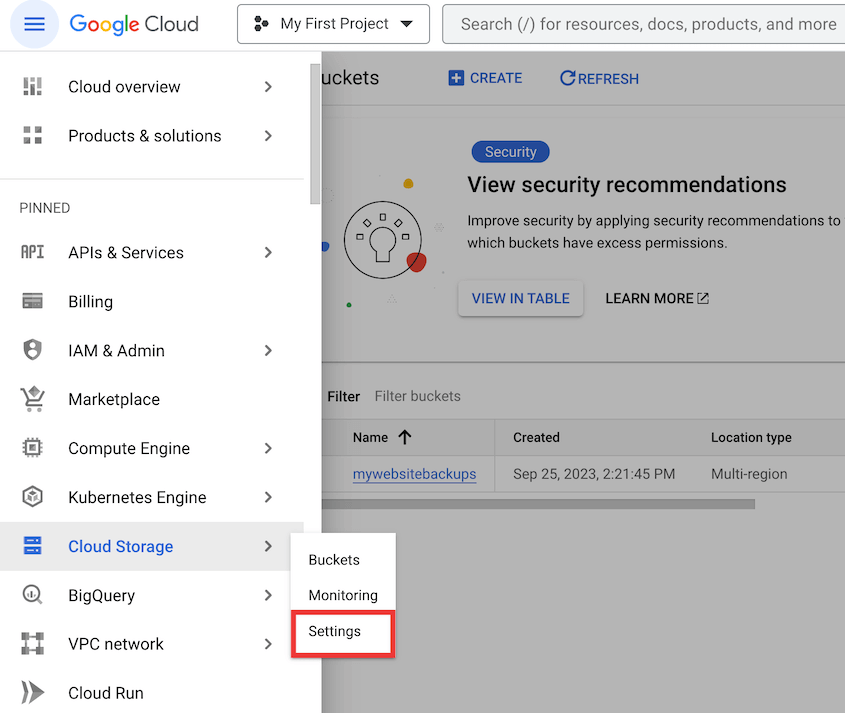 Google Cloud settings