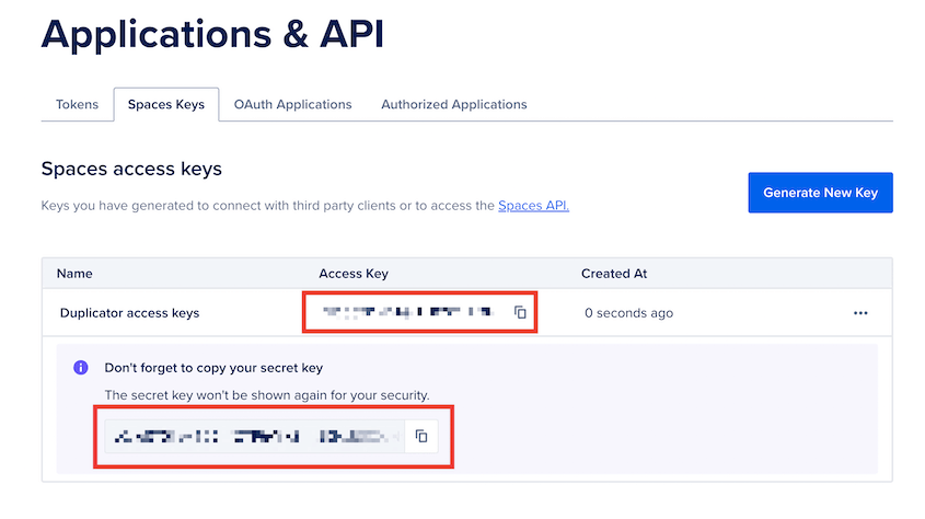 Copy DigitalOcean Spaces access keys