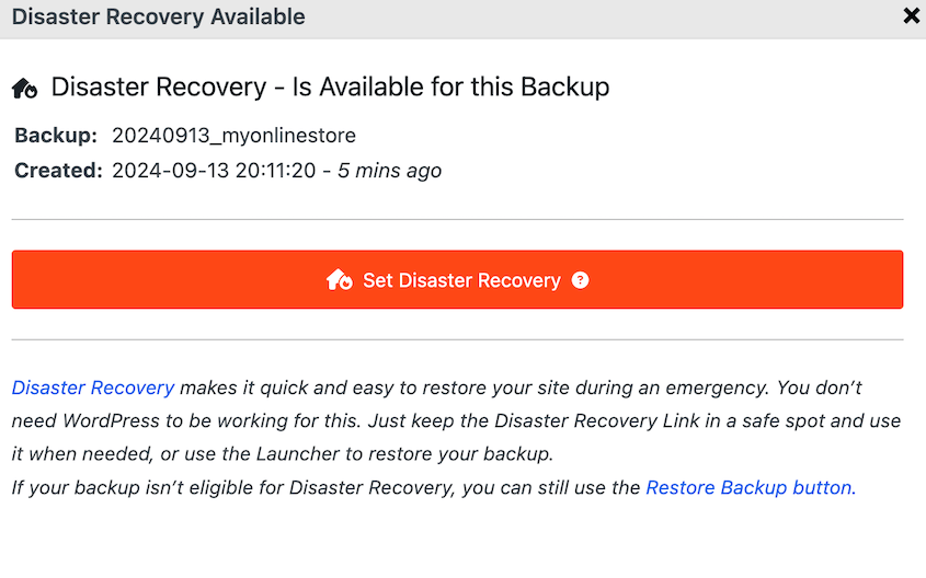 Set disaster recovery