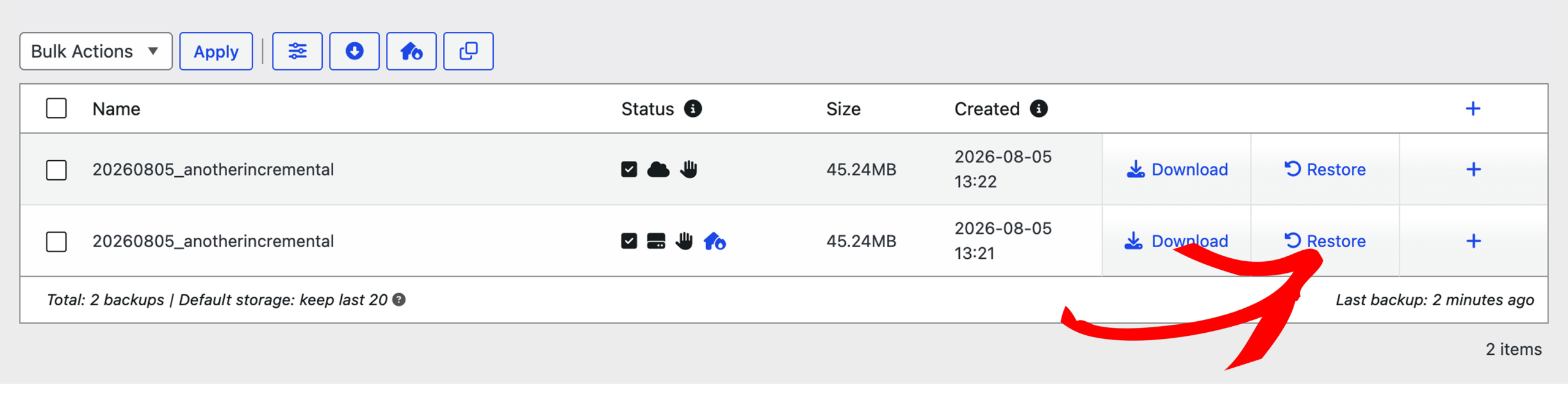 restaurar-1 - Duplicator Tabela de gerenciamento de backups com dois backups (45,24 MB cada), criados em 05/08/2026; ações: Download e Restaurar.