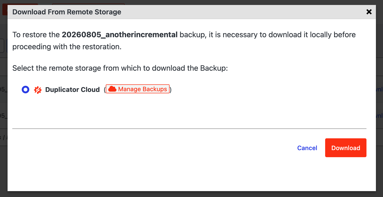 restaurar-3 - Duplicator Caixa de diálogo modal intitulada 'Download do Armazenamento Remoto' com instruções para restaurar um backup 20260805_anotherincremental e selecionar Duplicator Cloud com um link 'Gerenciar Backups'; ações Cancelar e Download exibidas.