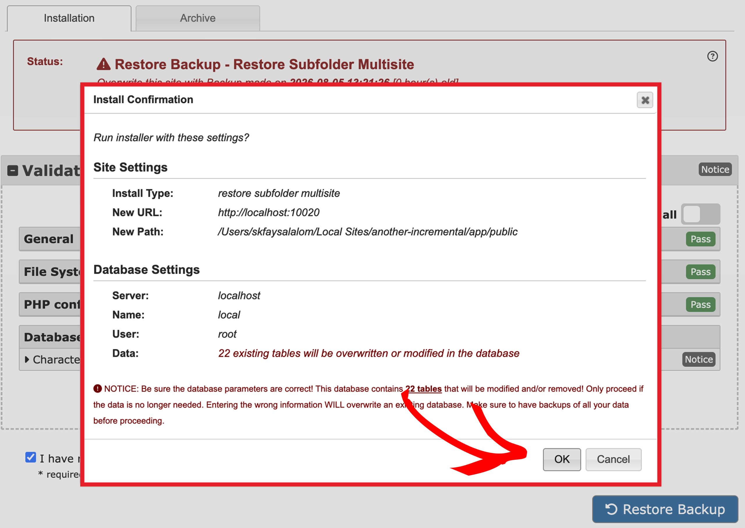 restaurar-5 - Duplicator Modal intitulado Confirmação de Instalação para restaurar uma subpasta multisite com configurações de servidor/banco de dados e um aviso de substituição de dados.