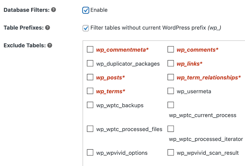 Duplicator database filters