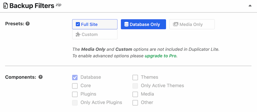 Filtros de backup do Duplicator Lite