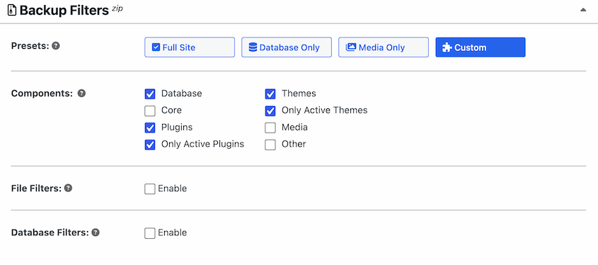 Backup personalizado do Duplicator Pro