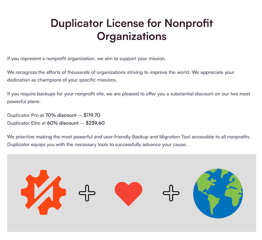 Duplicator Pro non-profit plan