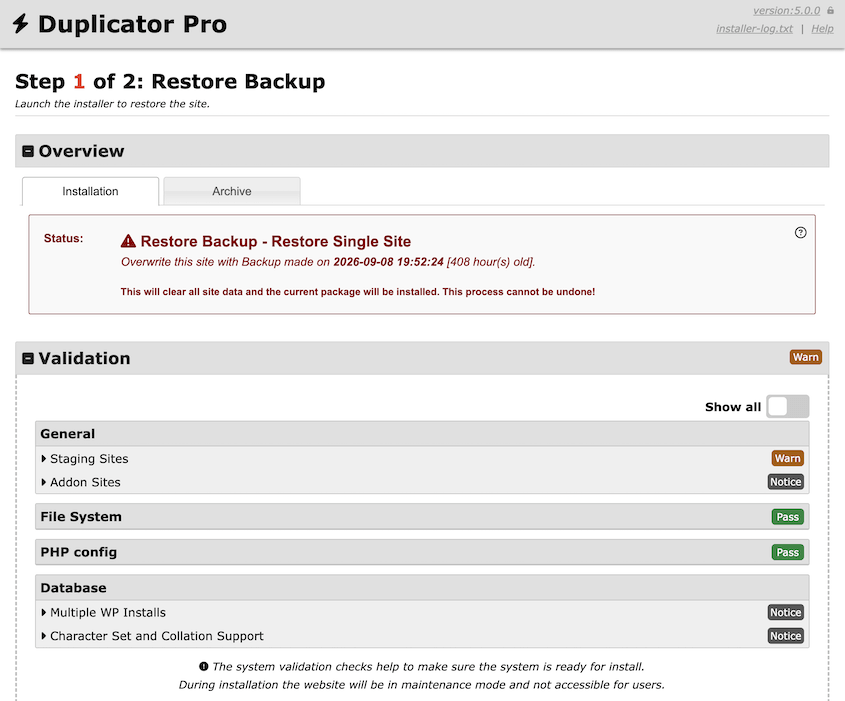 Assistente de recuperação de desastres do Duplicator Pro