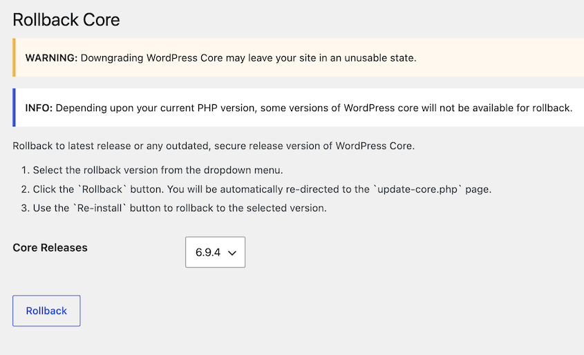 Rilasci core di Core Rollback
