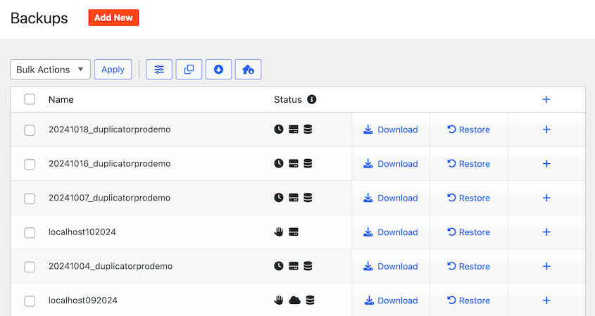 Duplicator backups page