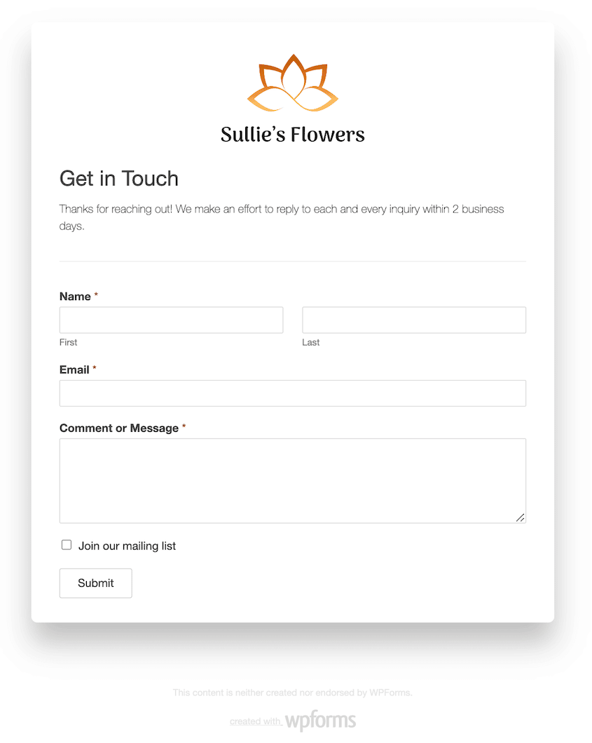 Form landing page