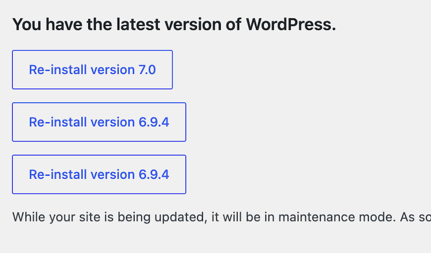 Reinstalla versione WordPress precedente