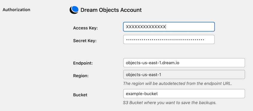 DreamObjects Duplicator connection