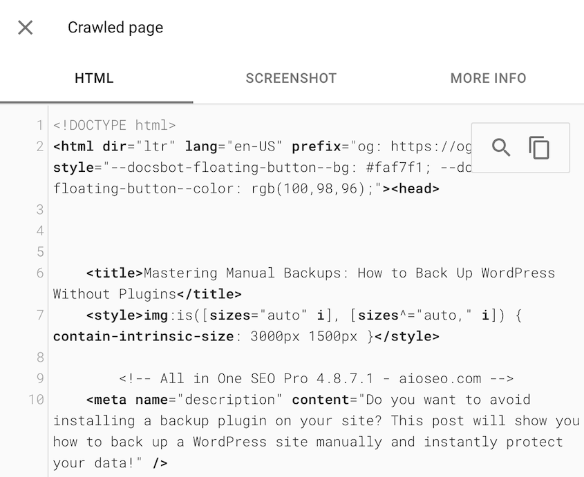 Crawled HTML on Google Search Console