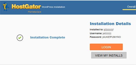HostGator finished WordPress installation