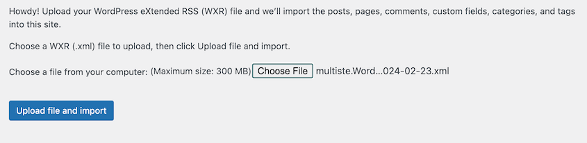 Import multisite subsite XML file