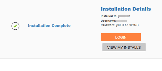 Finished WordPress installation with QuickInstall