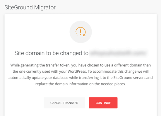 SiteGround Migrator domain change warning