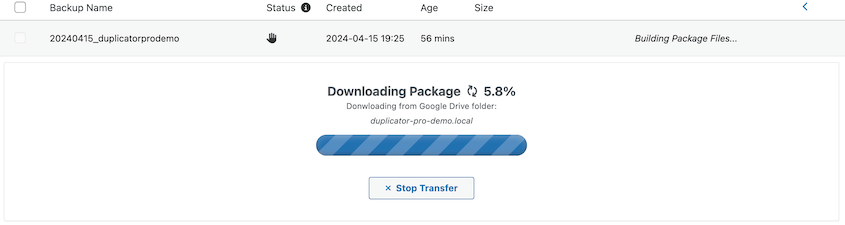 Downloading remote backup to local storage