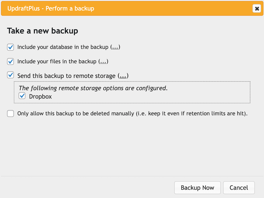 UpdraftPlus create new backup