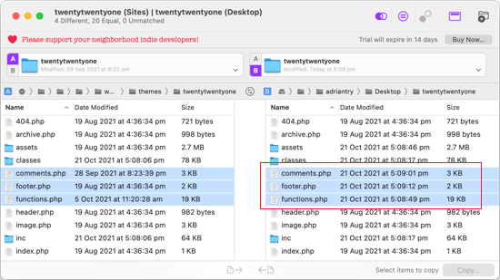 Compare WordPress theme files