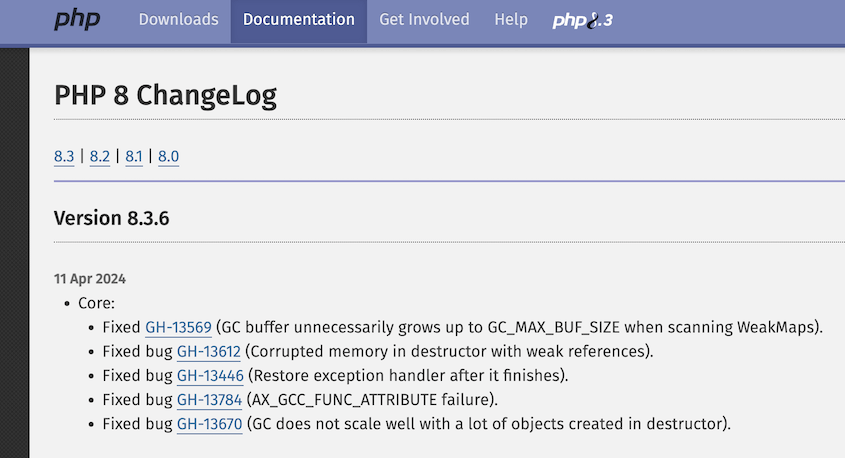 PHP version changelog