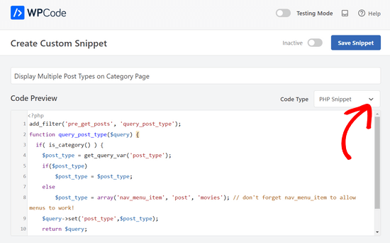 Select PHP snippet in WPCode