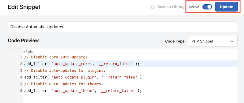 Activate the disable auto updates code snippet