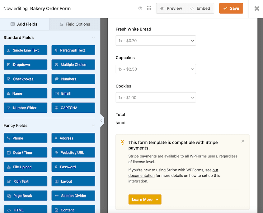 WPForms bakery order form