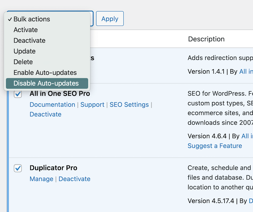 Disable auto updates for all plugins