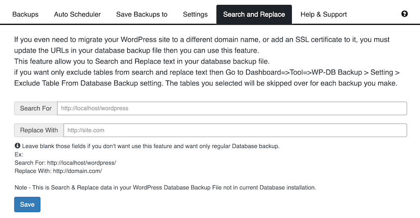 WP Database Backup search & replace