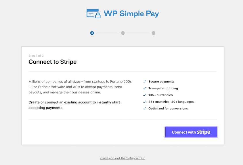 WP Simple Pay onboarding wizard