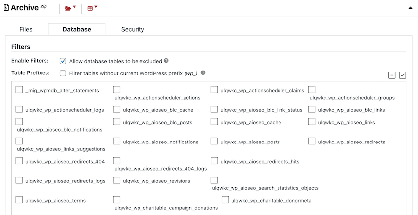 Duplicator database filters