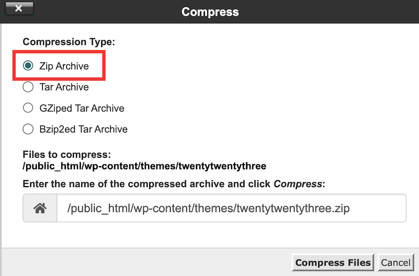 cPanel zip compression