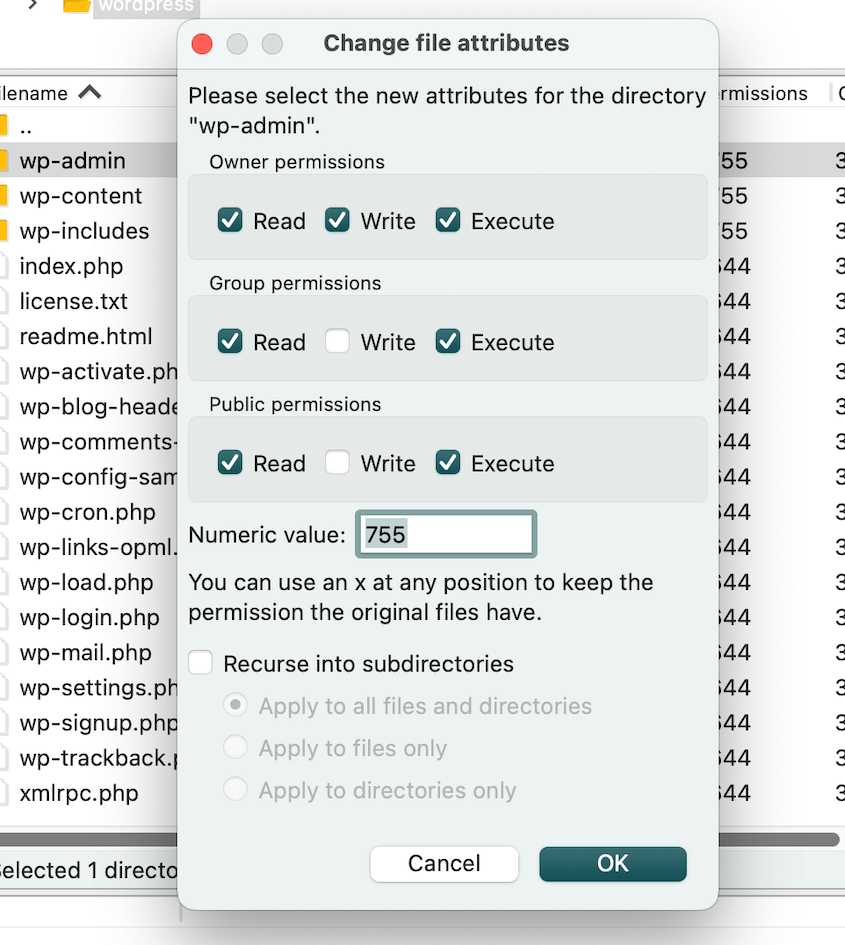 Change file permissions with FTP